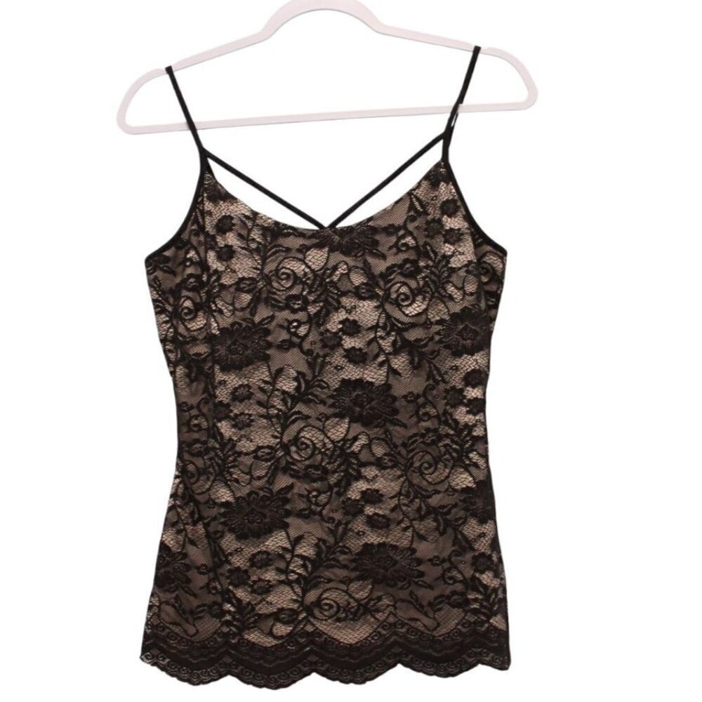 Boston Proper Small Black Floral Lace Nude Illusion Strappy Cami Tank Top Goth
